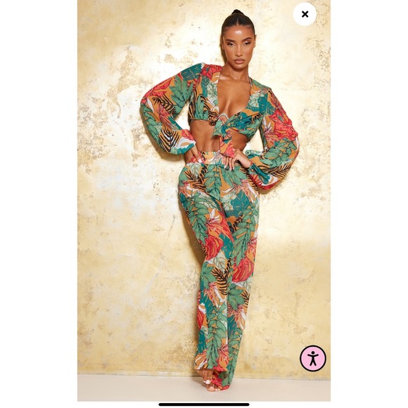 PRETTYLITTLETHINGS Orange Big Leaf Tie Front Beach Top and pants, size 8 - Picture 1 of 7